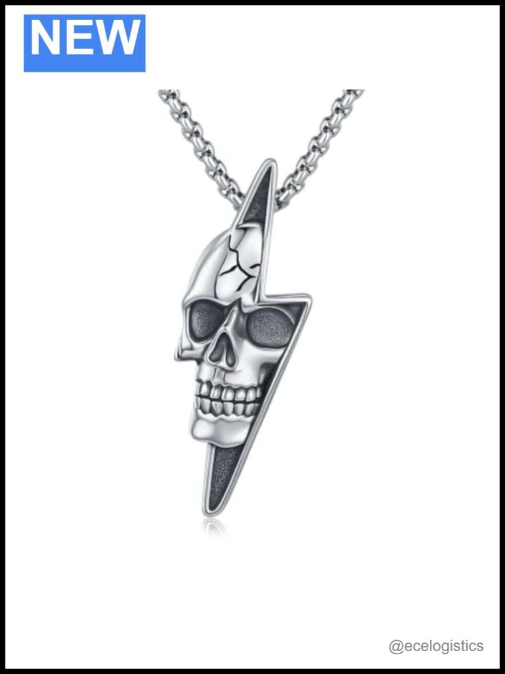 Gothic Skull Lightning Bolt Pendant Necklace Oxidized Stainless Steel
